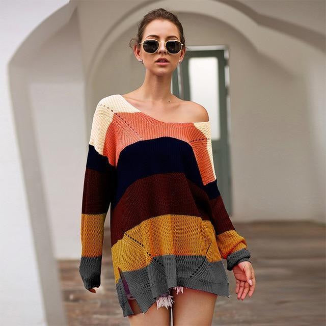 Kawaii rainbow sweater dress long sleeve knit fashion