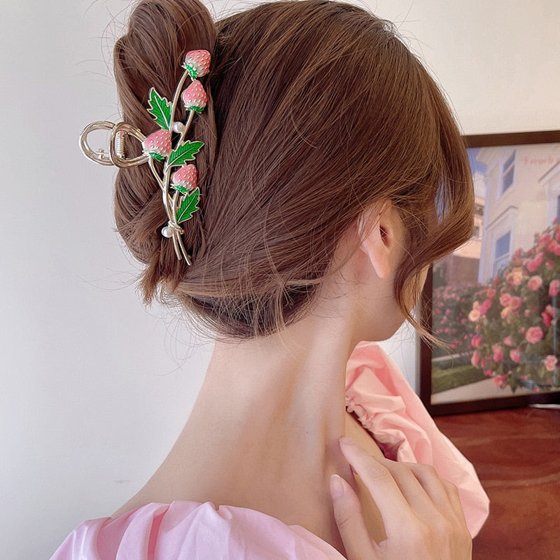 Kawaii realistic strawberry vine hair claw clip accessory