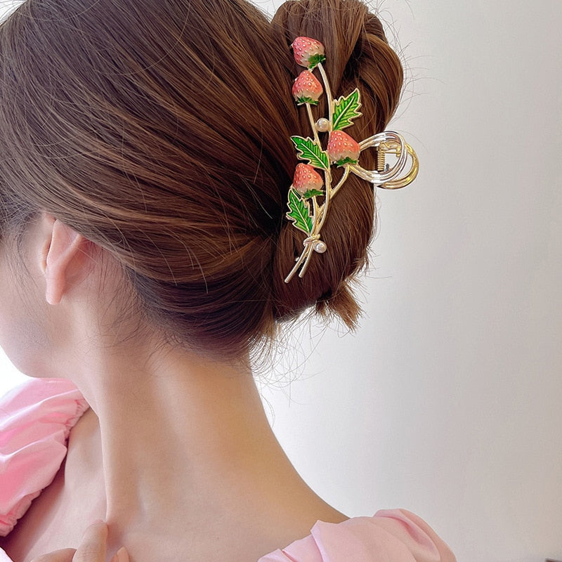 Kawaii realistic strawberry vine hair claw clip accessory