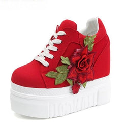 Red rose wedge sneakers - embroidered - embroidery - floral - flower - shoes