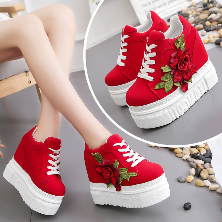 Red rose wedge sneakers - embroidered - embroidery - floral - flower - shoes