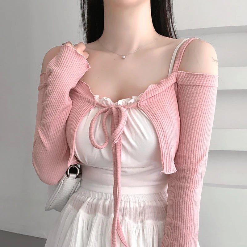 Tie Front Cropped Cardigan | Kawaii Cold Shoulder Coquette Bolero