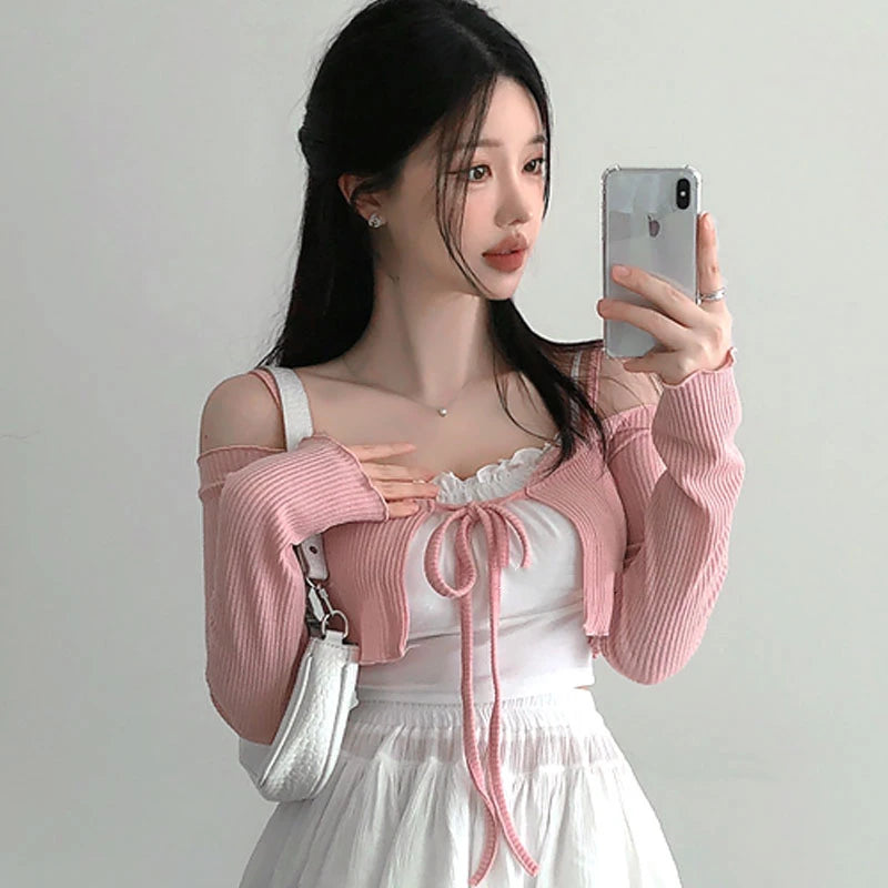 Tie Front Cropped Cardigan | Kawaii Cold Shoulder Coquette Bolero