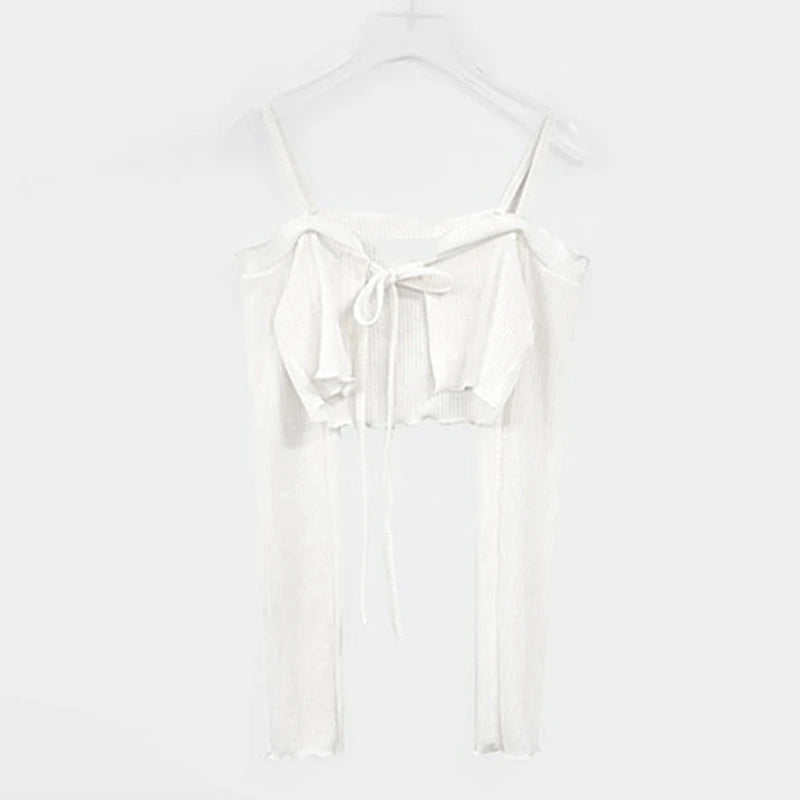 Tie Front Cropped Cardigan | Kawaii Cold Shoulder Coquette Bolero