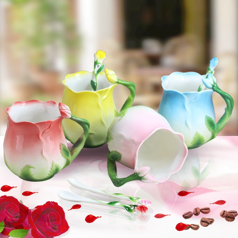 Kawaii rose flower petal ceramic floral mug coffee cup