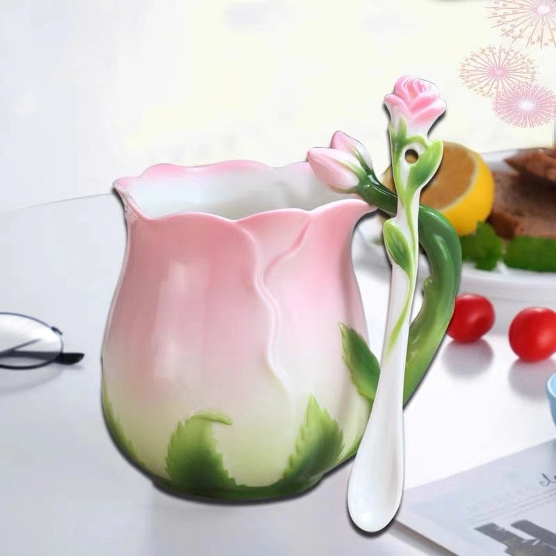 Kawaii rose flower petal ceramic floral mug coffee cup