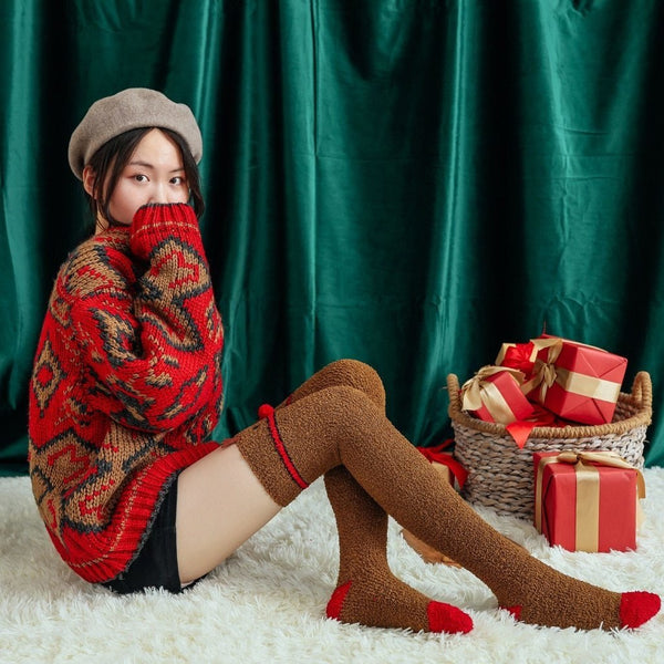 Rudolph thigh highs - deer - furry - fuzzy socks - knee high - highs