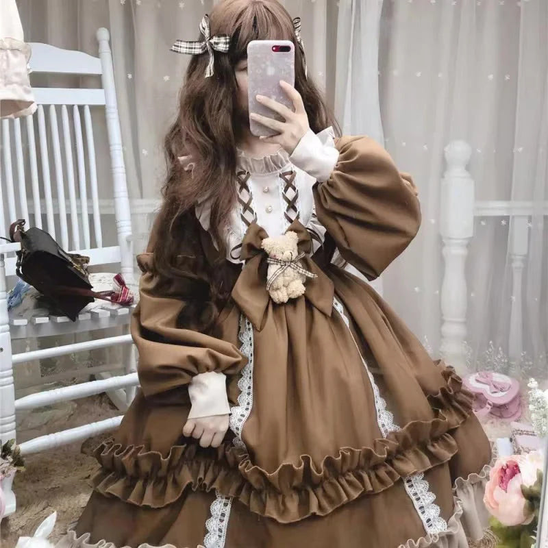 Ruffled Brown Puff Sleeve Academia Dress