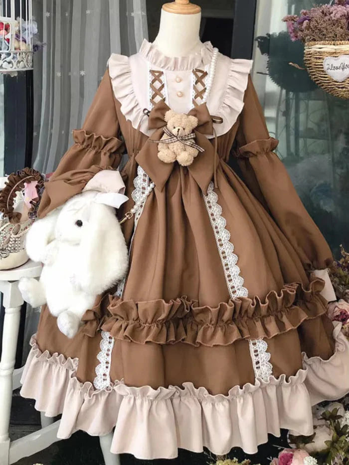 Ruffled brown academia dress - academia - brown - dress - kawaii - lace