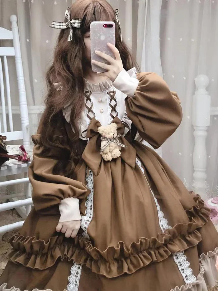 Ruffled Brown Puff Sleeve Academia Dress | Kawaii Babe Ruffled Brown Puff Sleeve Academia Dress | Kawaii Babe