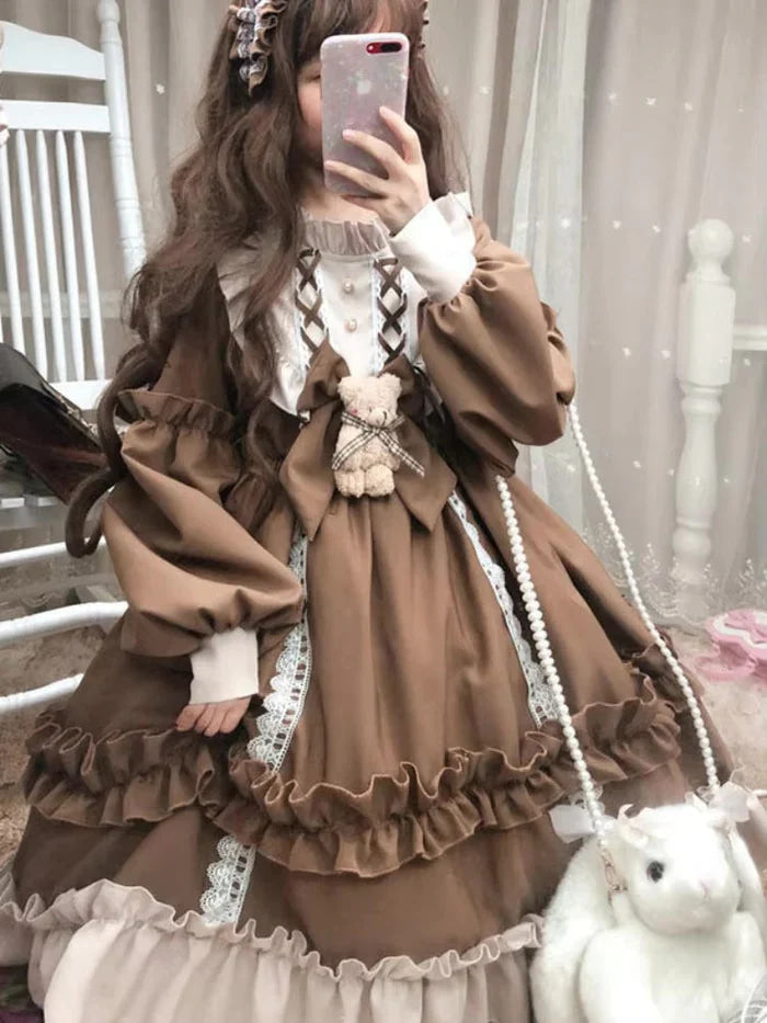 Ruffled brown academia dress - academia - brown - dress - kawaii - lace