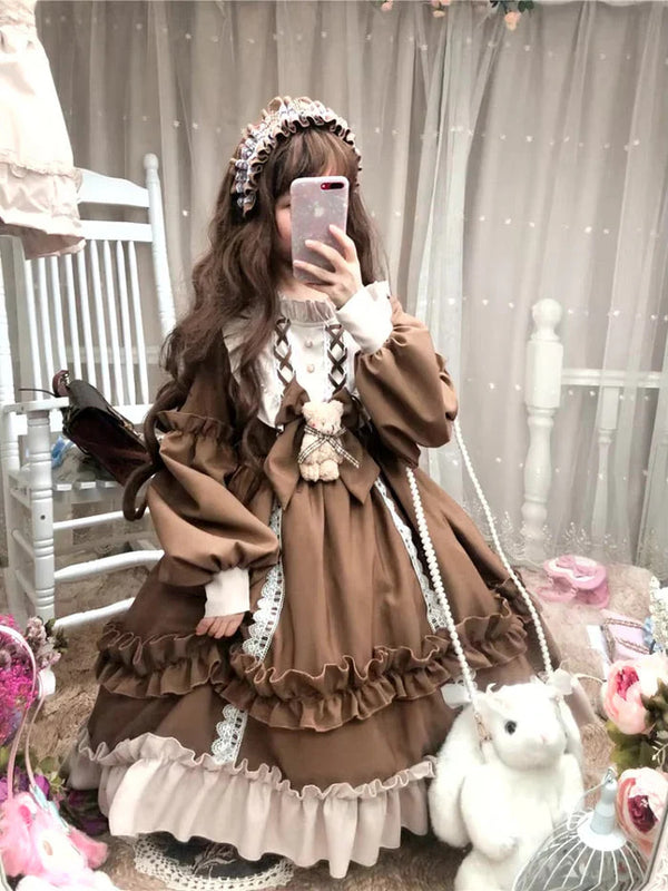 Ruffled brown academia dress - academia - brown - dress - kawaii - lace