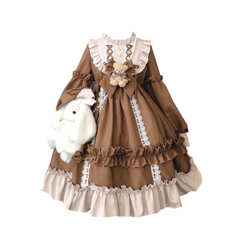 Ruffled brown academia dress - academia - brown - dress - kawaii - lace