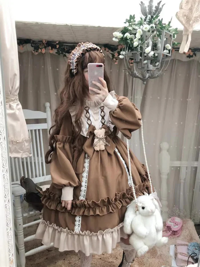 Ruffled brown academia dress - academia - brown - dress - kawaii - lace