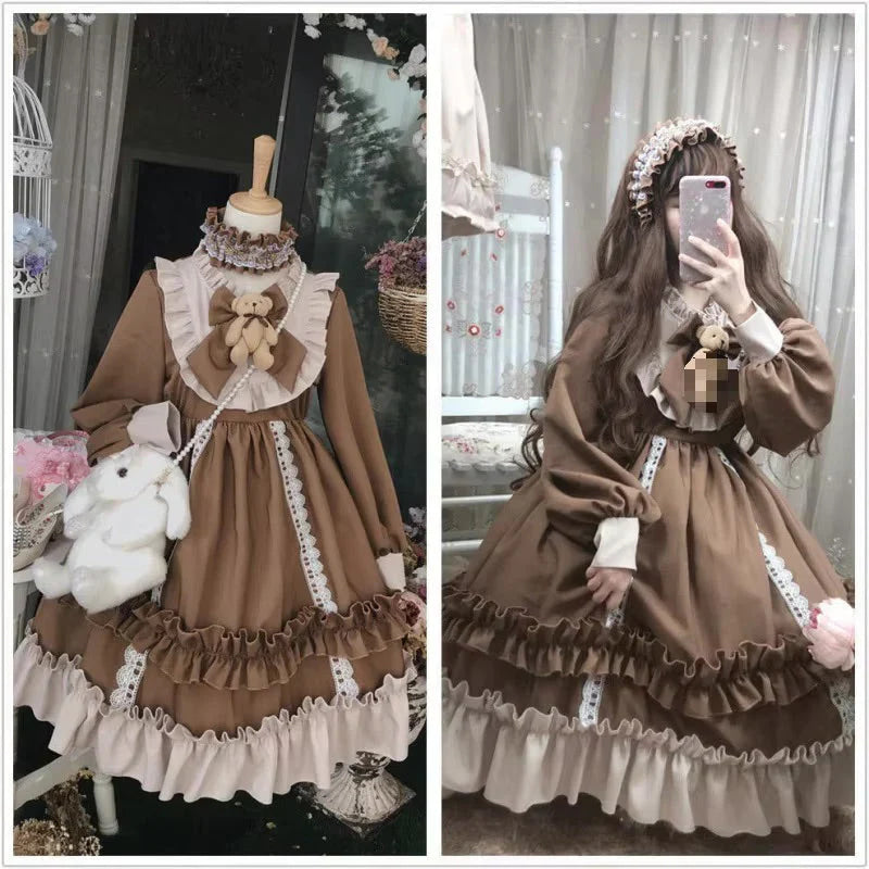 Ruffled brown academia dress - academia - brown - dress - kawaii - lace