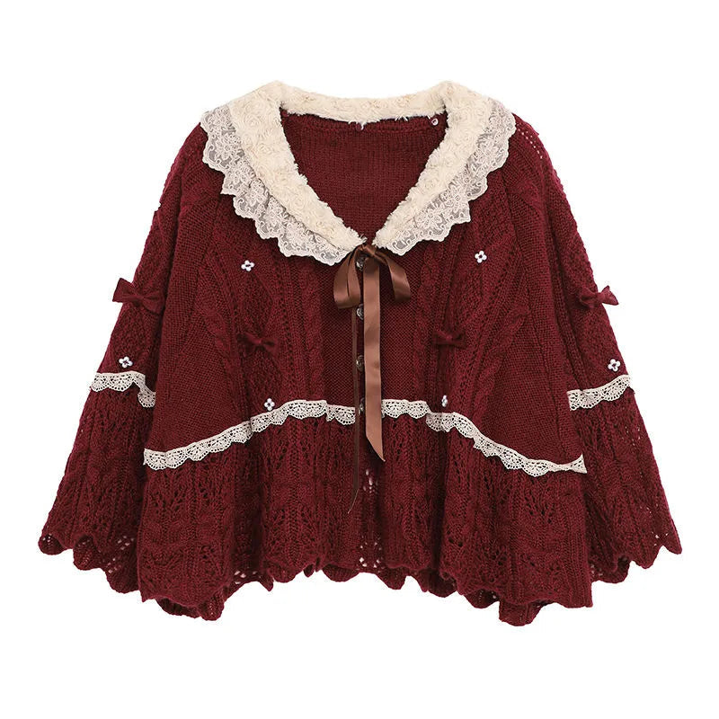 Doiley Jacket Vintage Bows Ruffled Doily Red Cape Cardigan | Kawaii Babe