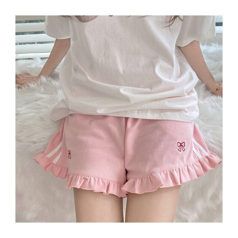 Ruffled pink embroidered bow high waist kawaii shorts