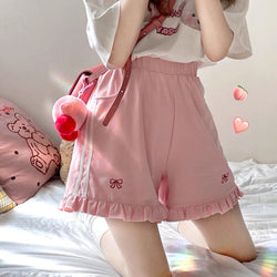 Ruffled pink embroidered bow high waist kawaii shorts