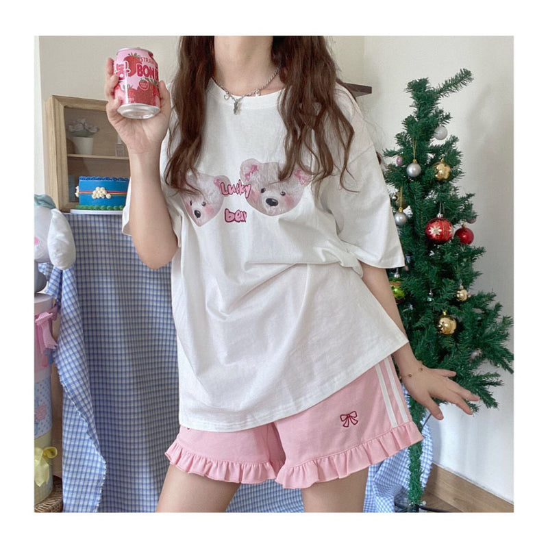 Ruffled pink embroidered bow high waist kawaii shorts