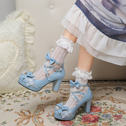 Ruffles & pearls high heels - buckle - heart - hearts - heels - kawaii