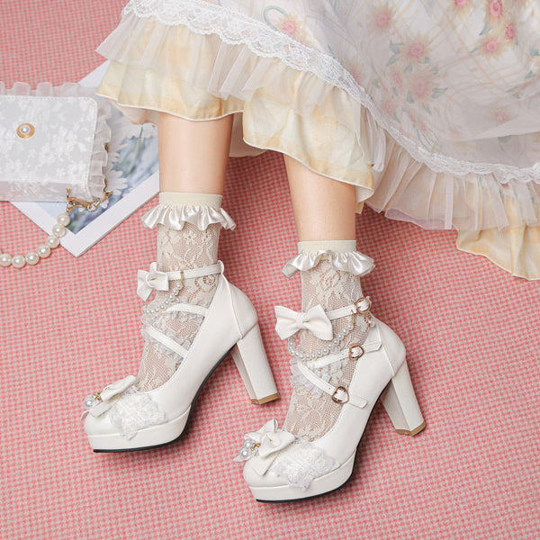 Ruffles & pearls high heels - buckle - heart - hearts - heels - kawaii