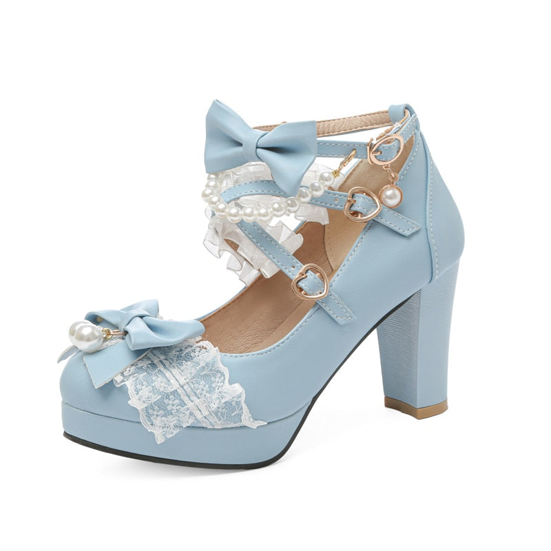 Ruffles & pearls high heels - buckle - heart - hearts - heels - kawaii