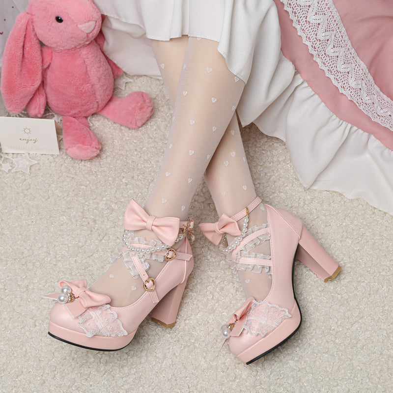 Ruffles & pearls high heels - buckle - heart - hearts - heels - kawaii