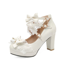 Ruffles & pearls high heels - buckle - heart - hearts - heels - kawaii