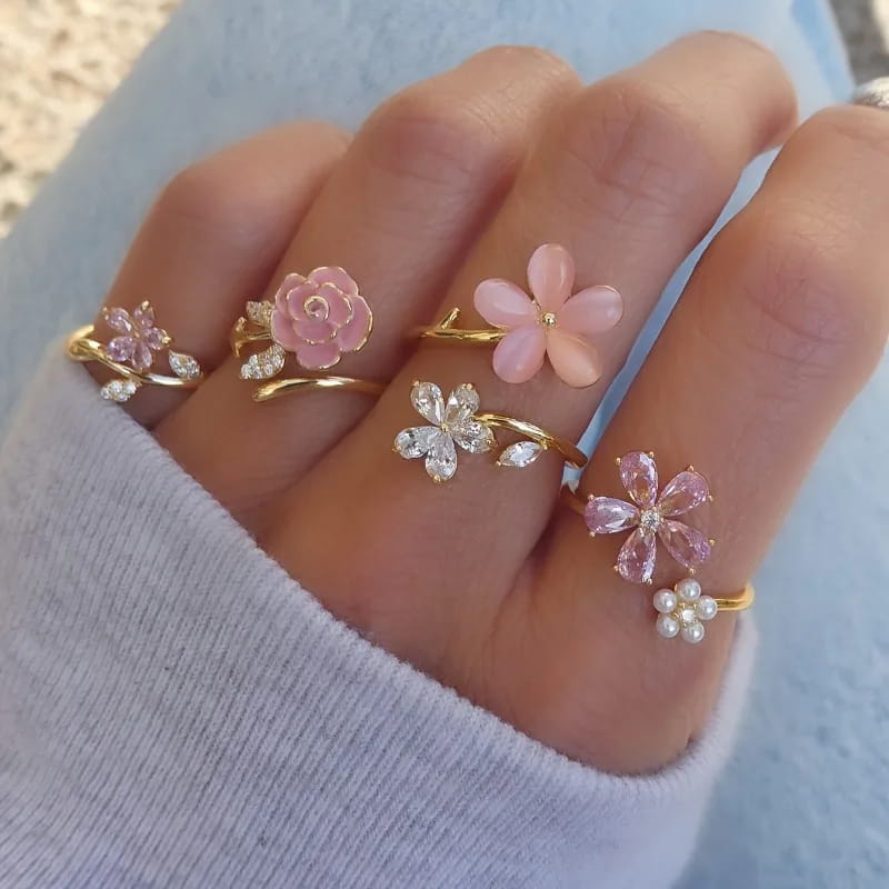 Pink cherry blossom ring set with crystal flower petals