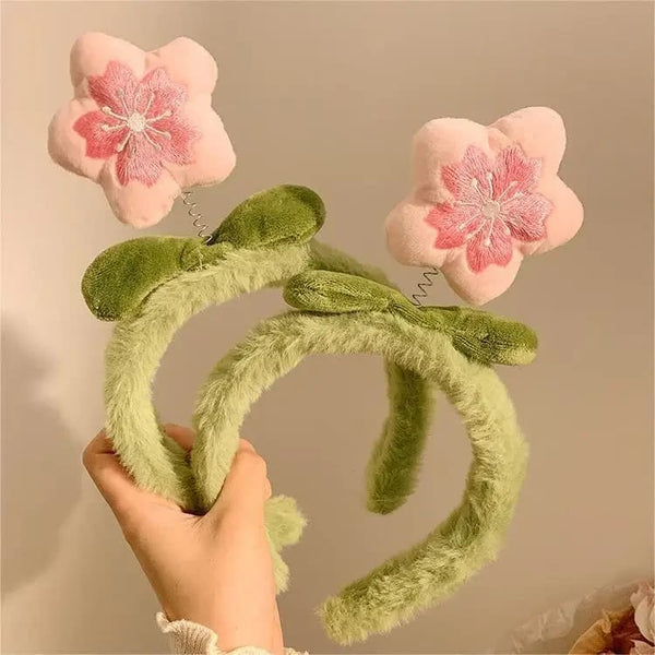 Kawaii sakura cherry blossom pink green plush hair headband