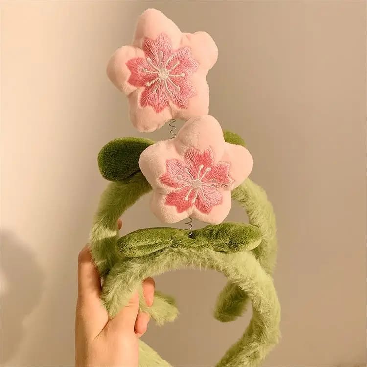 Kawaii sakura cherry blossom pink green plush hair headband