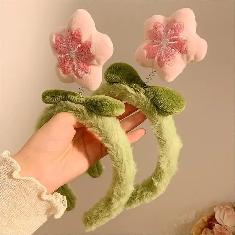 Kawaii sakura cherry blossom pink green plush hair headband