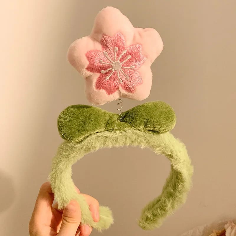 Kawaii sakura cherry blossom pink green plush hair headband