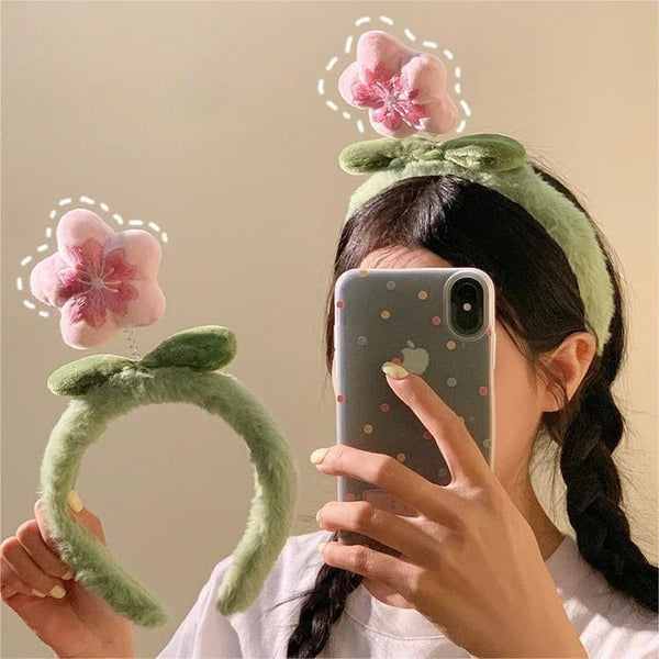 Kawaii sakura cherry blossom pink green plush hair headband