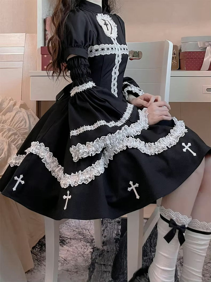 The Sinning Maid Dress Flared Sleeves Lace Embroidery | Kawaii Babe