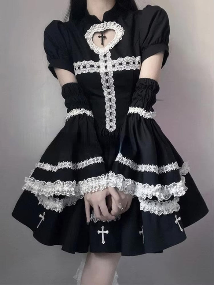 The Sinning Maid Dress Flared Sleeves Lace Embroidery | Kawaii Babe