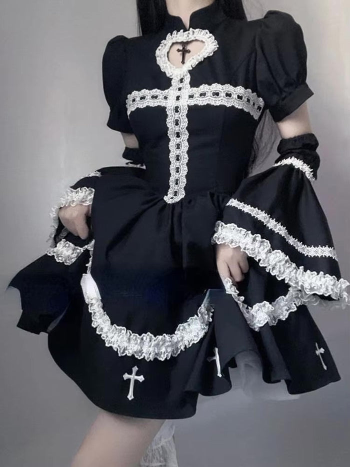 knee length dresses for ladies The Sinning Maid Dress Flared Sleeves Lace Embroidery