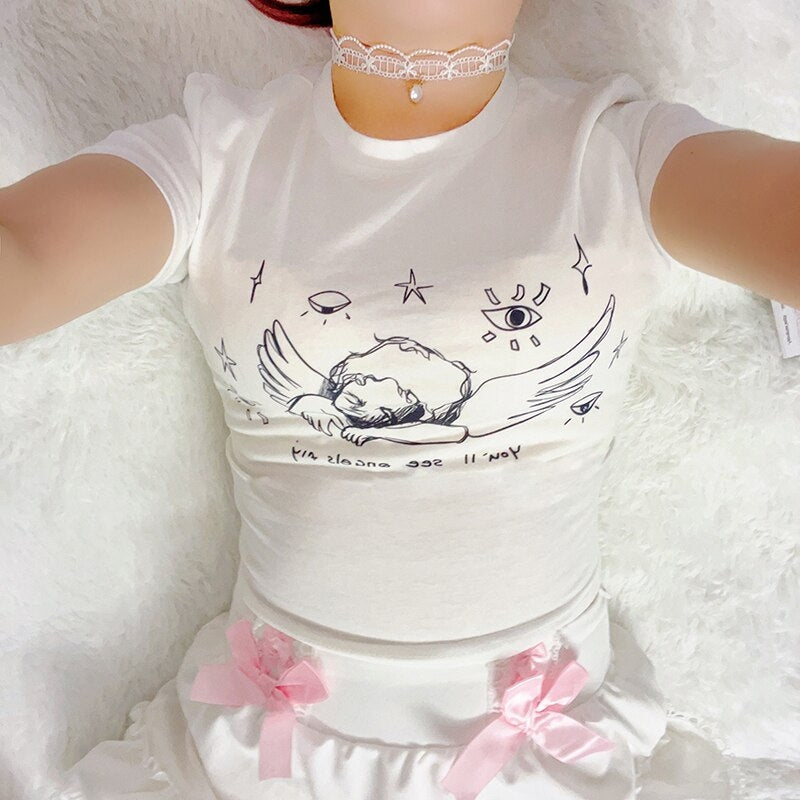 Sleepy Angel Tee - angelcore, angelic, belly shirt, coquette, crop top Kawaii Babe