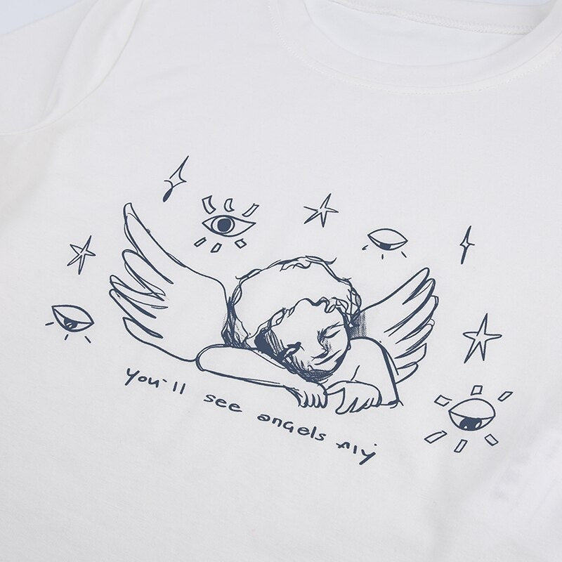 Sleepy Angel Tee - angelcore, angelic, belly shirt, coquette, crop top Kawaii Babe