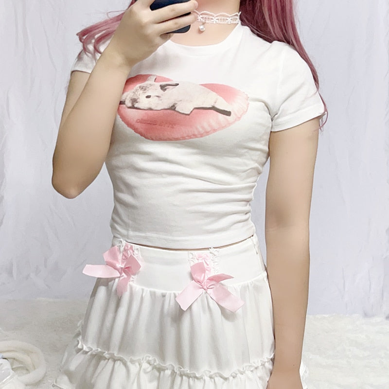 Sleepy bun tee - angelcore - angelic - belly shirt - bunnies - bunny rabbits