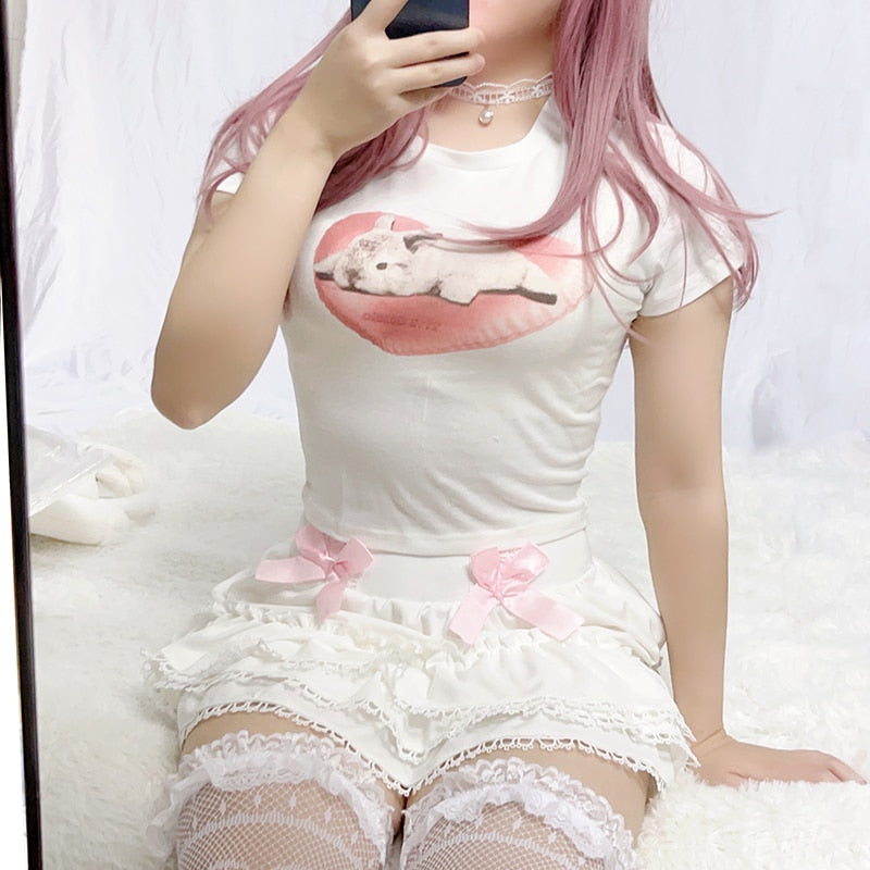 Sleepy bun tee - angelcore - angelic - belly shirt - bunnies - bunny rabbits