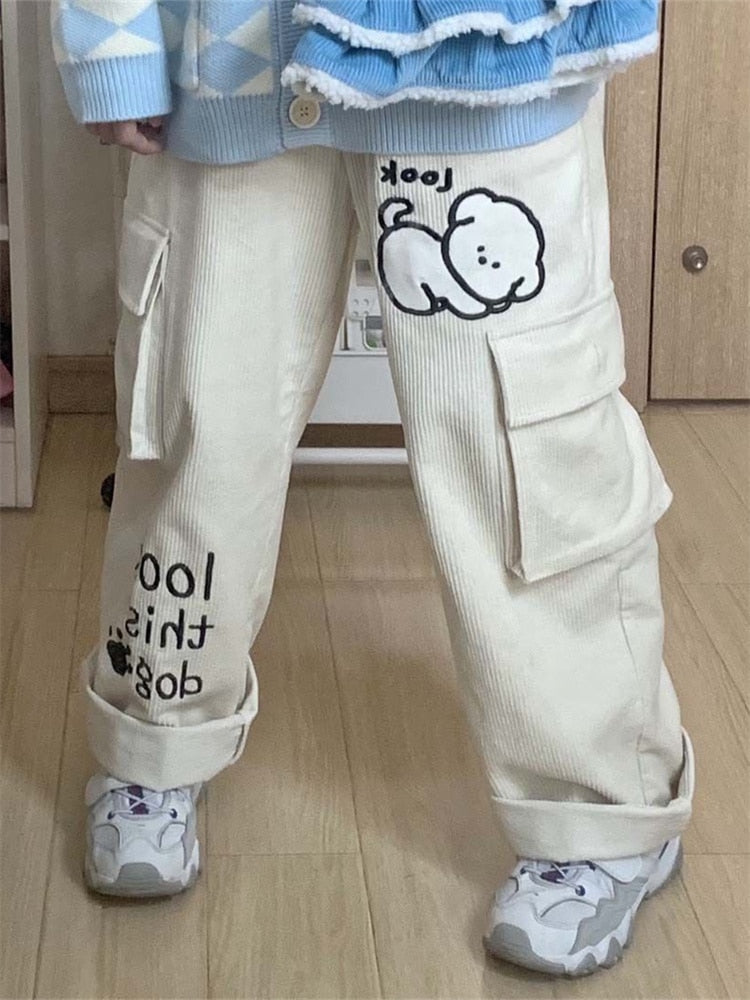 Sleepy puppy corduroy cargo pants - cargo - cords - corduroy - kawaii - pants