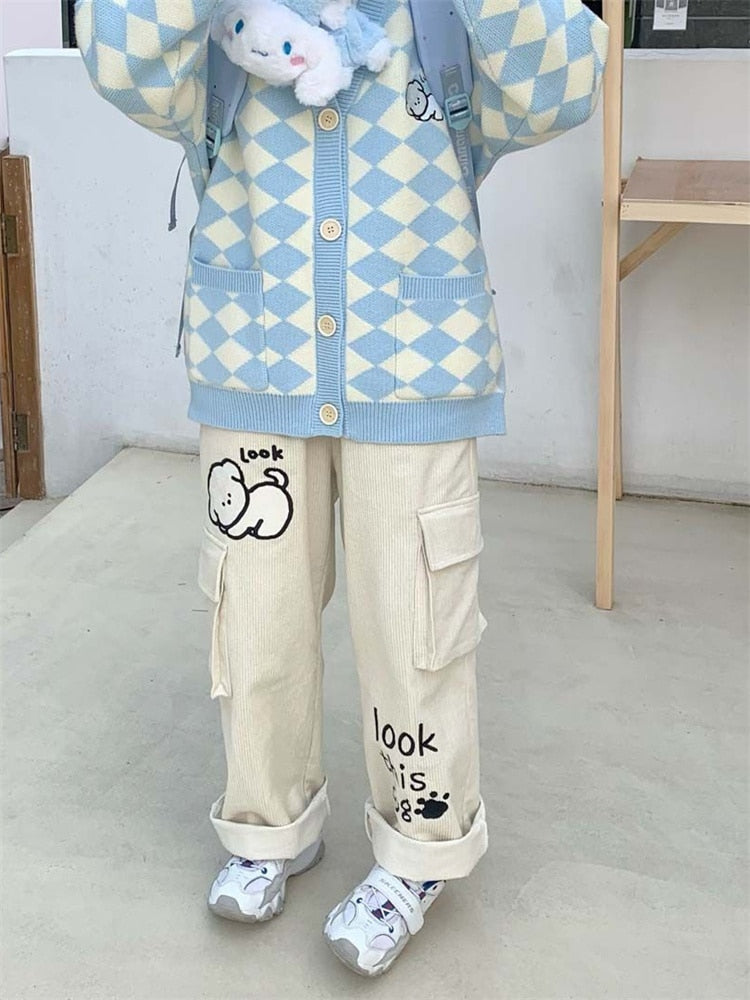 Sleepy puppy corduroy cargo pants - cargo - cords - corduroy - kawaii - pants