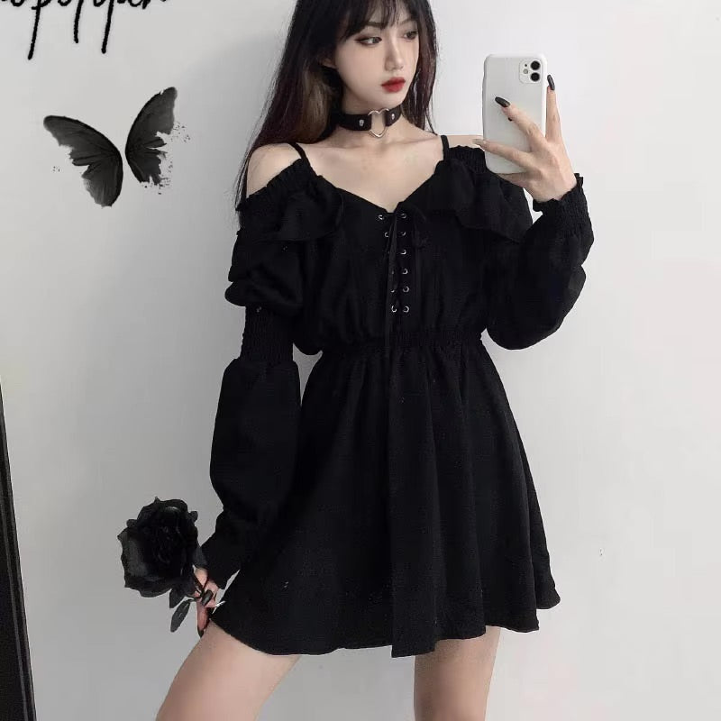 Off-shoulder Black Ruffled Lace-Up Slouchy Goth Dress