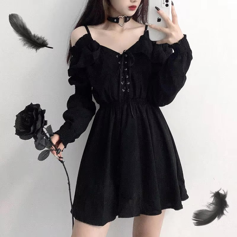 Off-shoulder Black Ruffled Lace-Up Slouchy Goth Dress | Kawaii Babe XL Off-shoulder Black Ruffled Lace-Up Slouchy Goth Dress | Kawaii Babe XL