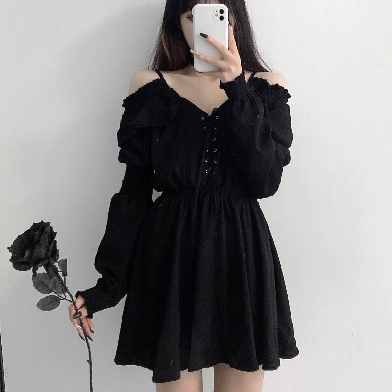 Off-Shoulder Black Ruffled Lace-Up Slouchy Goth Dress | Kawaii Babe XL Off-Shoulder Black Ruffled Lace-Up Slouchy Goth Dress | Kawaii Babe XL