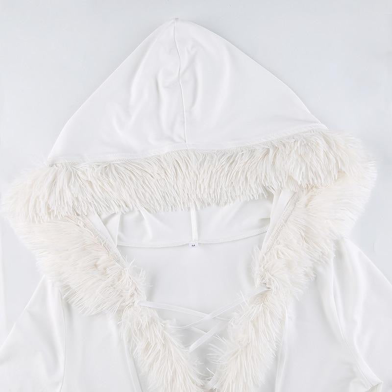 Kawaii White Fuzzy Trim Long Sleeve Sweater Dress S Kawaii White Fuzzy Trim Long Sleeve Sweater Dress S