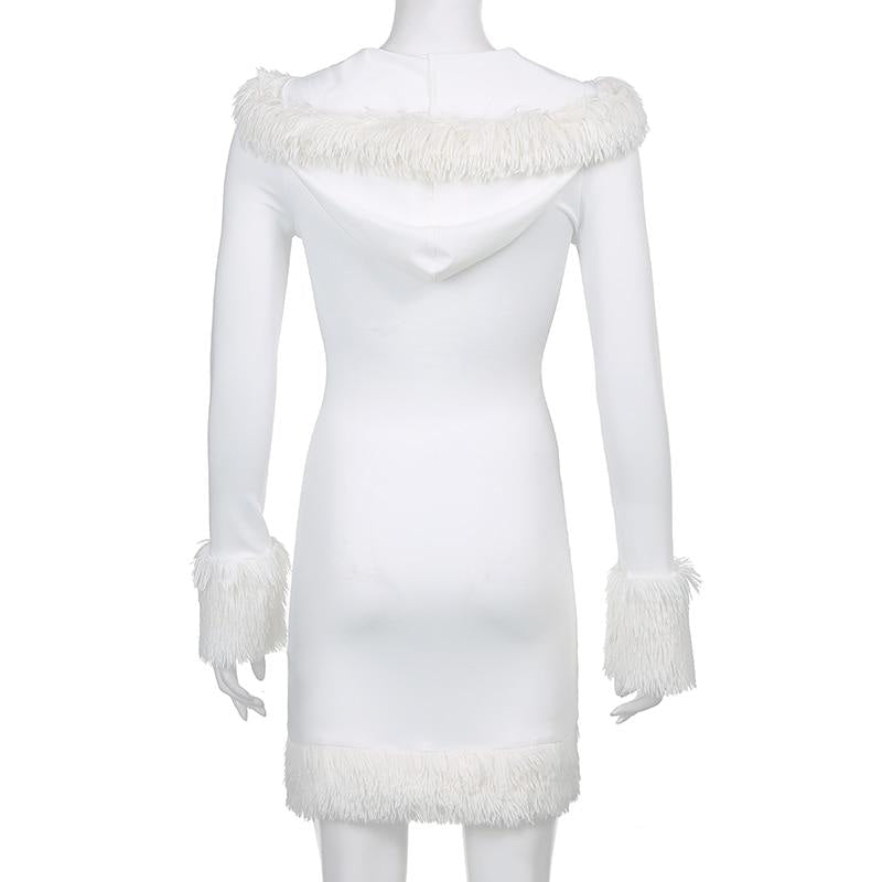 Kawaii White Fuzzy Trim Long Sleeve Sweater Dress S Kawaii White Fuzzy Trim Long Sleeve Sweater Dress S