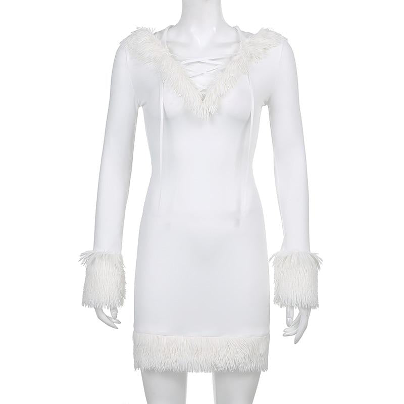 Kawaii White Fuzzy Trim Long Sleeve Sweater Dress S Kawaii White Fuzzy Trim Long Sleeve Sweater Dress S