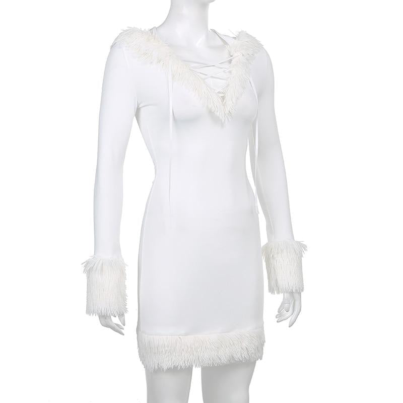 Kawaii White Fuzzy Trim Long Sleeve Sweater Dress S Kawaii White Fuzzy Trim Long Sleeve Sweater Dress S